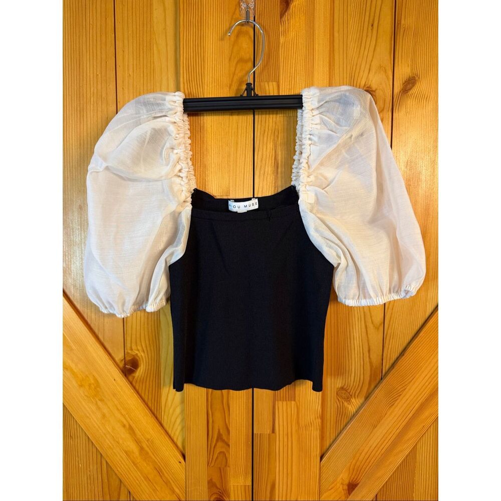 Miou Muse Black White puff sleeve Top Square Neck crop Blouse Size Small (7924)